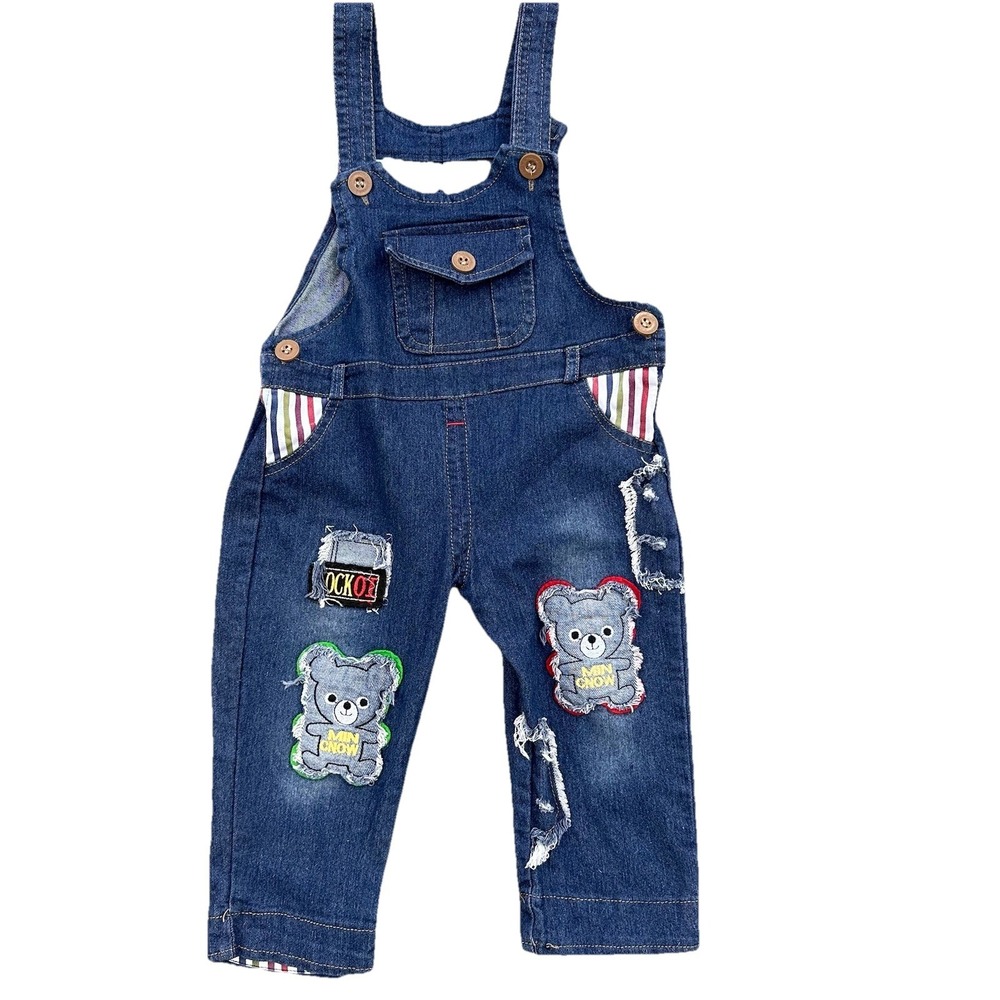 Childs Bib Blue Jean  Overalls Size 2-3Y Embroidered Bear Patches 2 Size Adjusts